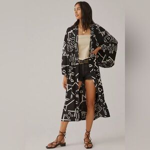 Anthropologie Kimino Inspired Long Sleeve Graphic Duster One Size Linen Blend